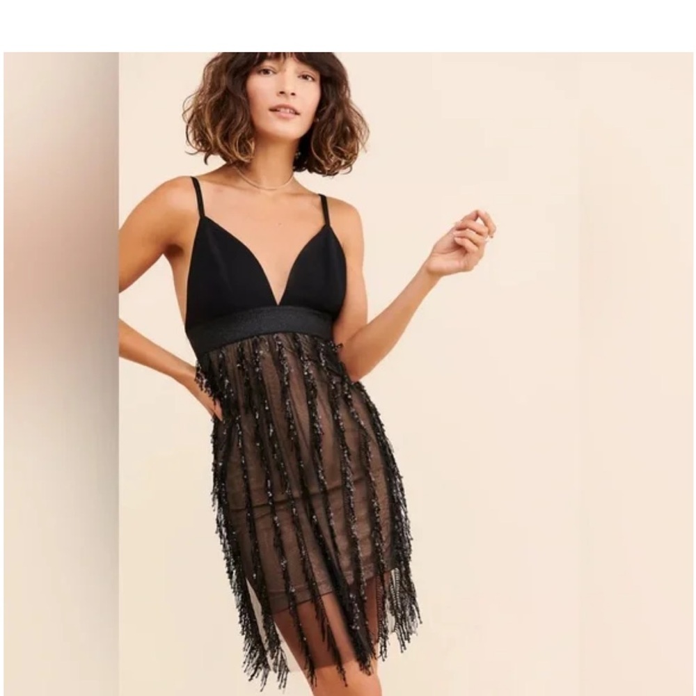 Anthropologie Black Beaded Fringe Mini Dress